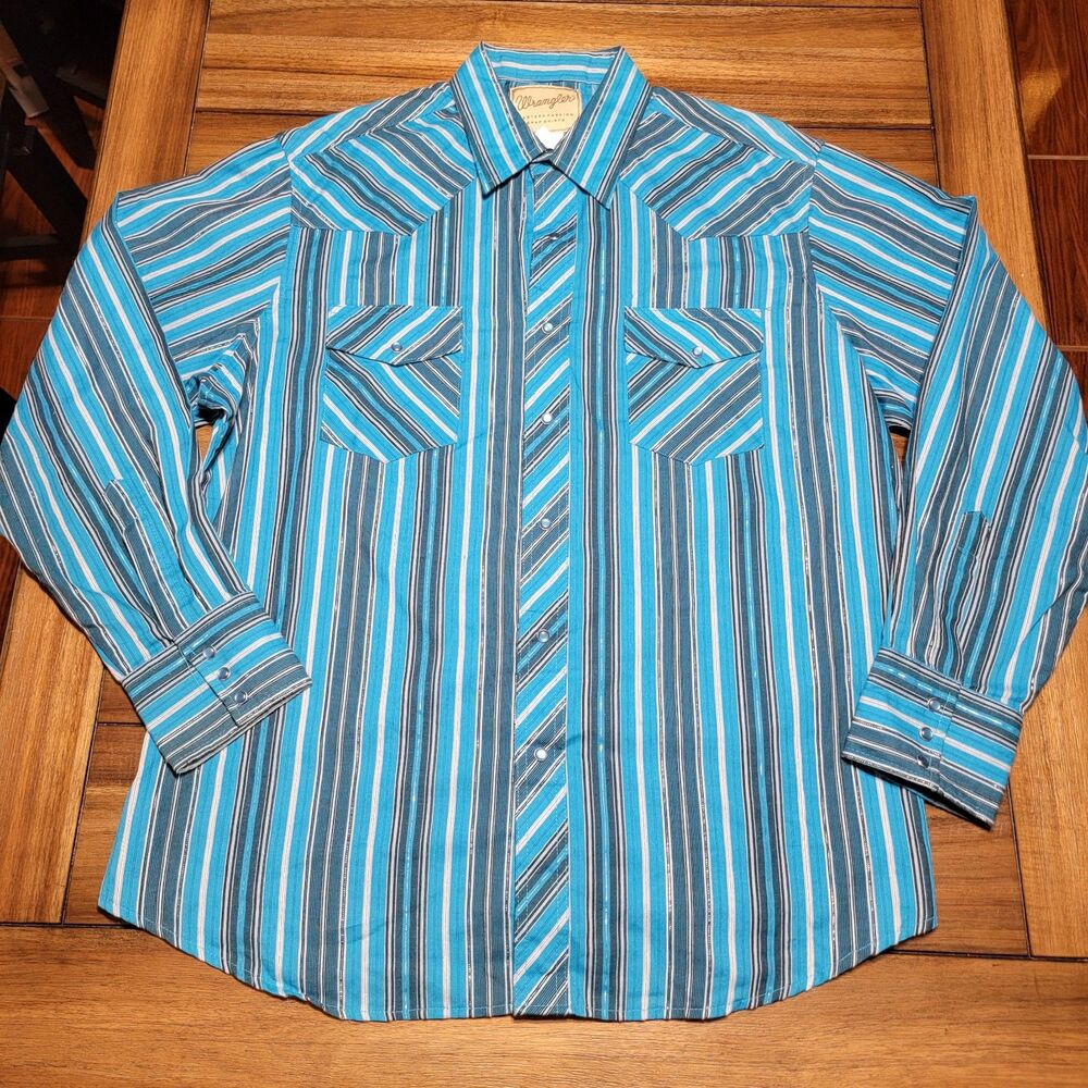 Wrangler Western LS Pearl Snap Blue Stripe Shirt - Size XL